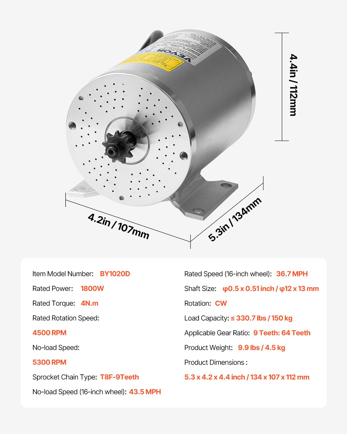 VEVOR 1800W Electric Brushless DC Motor 48V 4500rpm Motor for E-Bike Dirt Bike