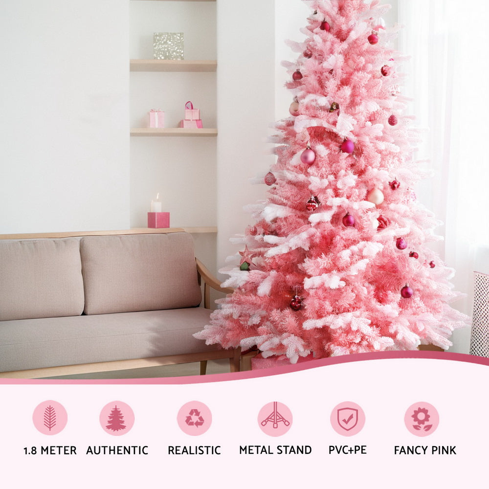 Jingle Jollys Christmas Tree 1.8m Pink Xmas Tree Snowy Party Decor 810 Tips-NSW_Metro