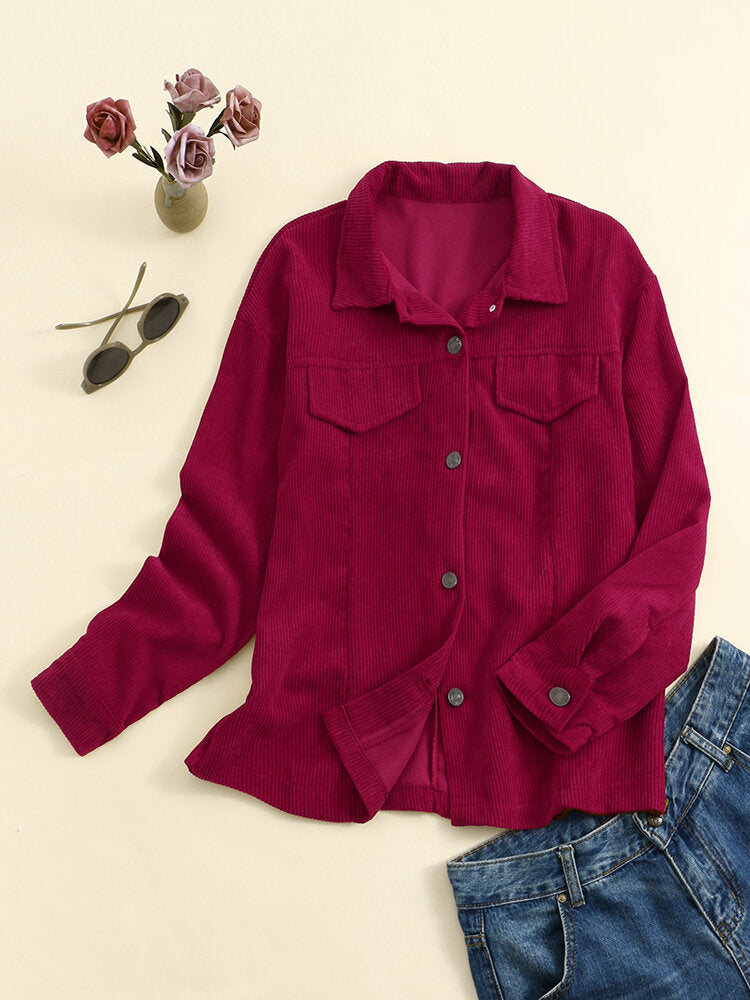 Corduroy Solid Ribbed Button Lapel Long Sleeve Jacket For Women