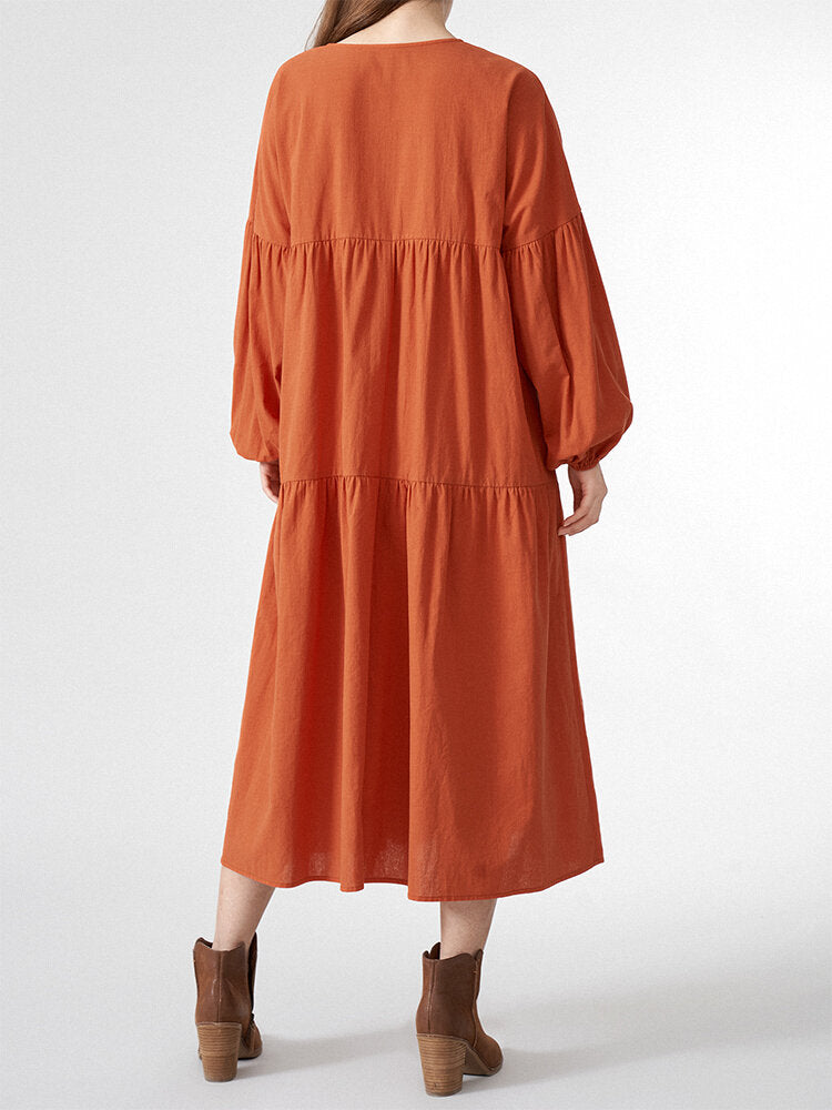 Solid V-neck Loose Casual Long Sleeve Women Dress