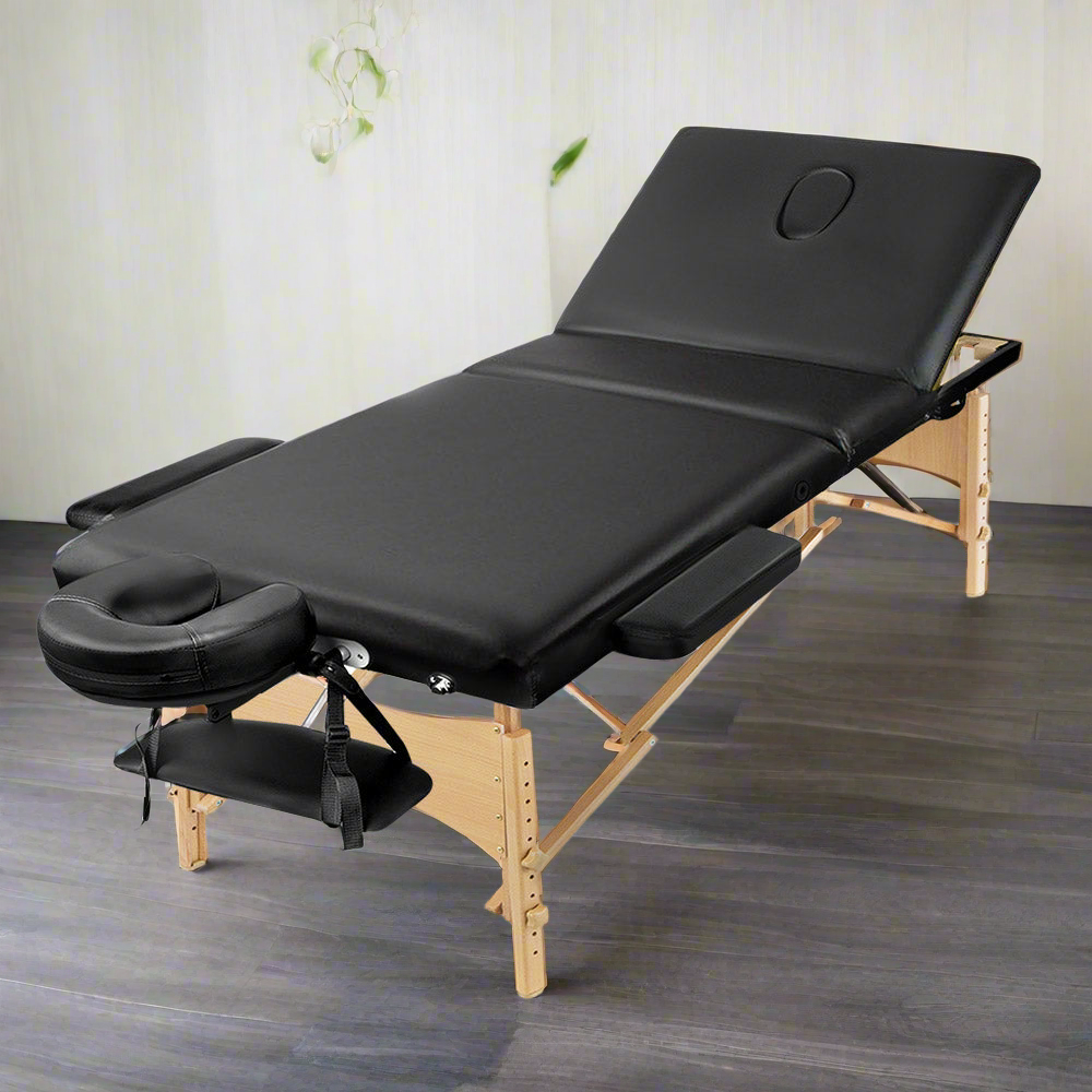 Zenses Massage Table 70cm Portable 3 Fold Wooden Beauty Bed Black-NSW_Metro