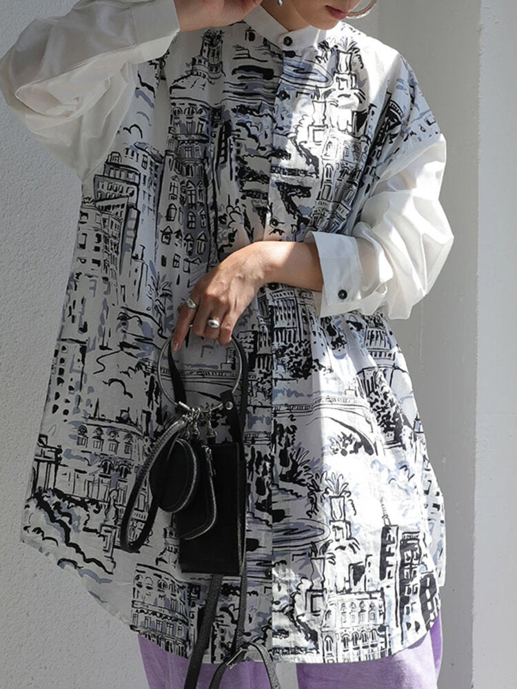 Abstract Pattern Long Sleeve Stand Collar Button Loose Blouse