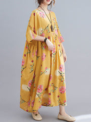 Flower Print Half Sleeve O-neck Loose Women Vintage Dress