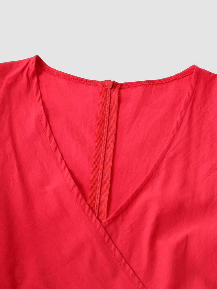 Solid Cut Out Wrap Zipper V-neck Short Sleeve Mini Dress