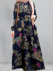 Vintage Flower Puff Sleeves O-neck Maxi Dress With Side Pocket