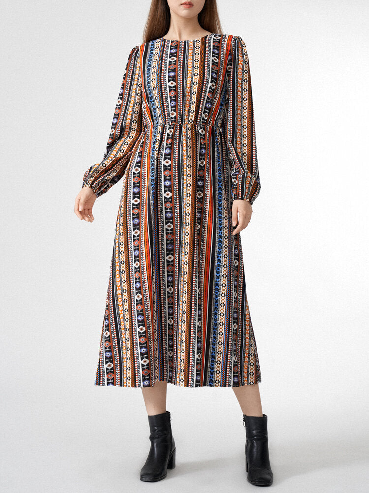 Tribal Pattern Long Sleeve Crew Neck Dress For Women