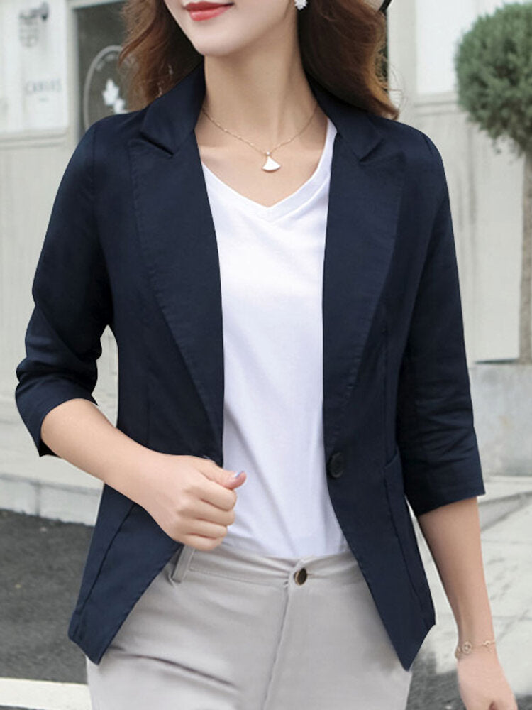 Solid Lapel Pocket Button Front 3/4 Sleeve Blazer