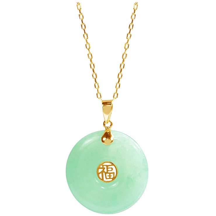 14KT Yellow Gold Good Luck Jade Pendant Necklace