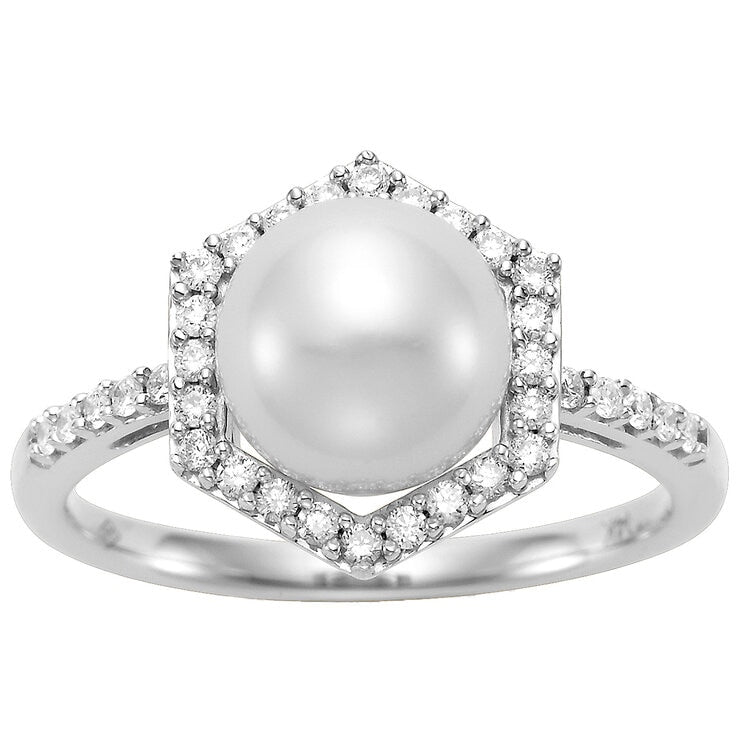 18KT White Gold 0.25ctw Diamond And Cultured Freshwater Pearl Ring 8-8.5mm