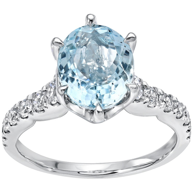 18KT White Gold Oval Aquamarine And Round Brilliant Cut 0.48ctw Diamond Ring