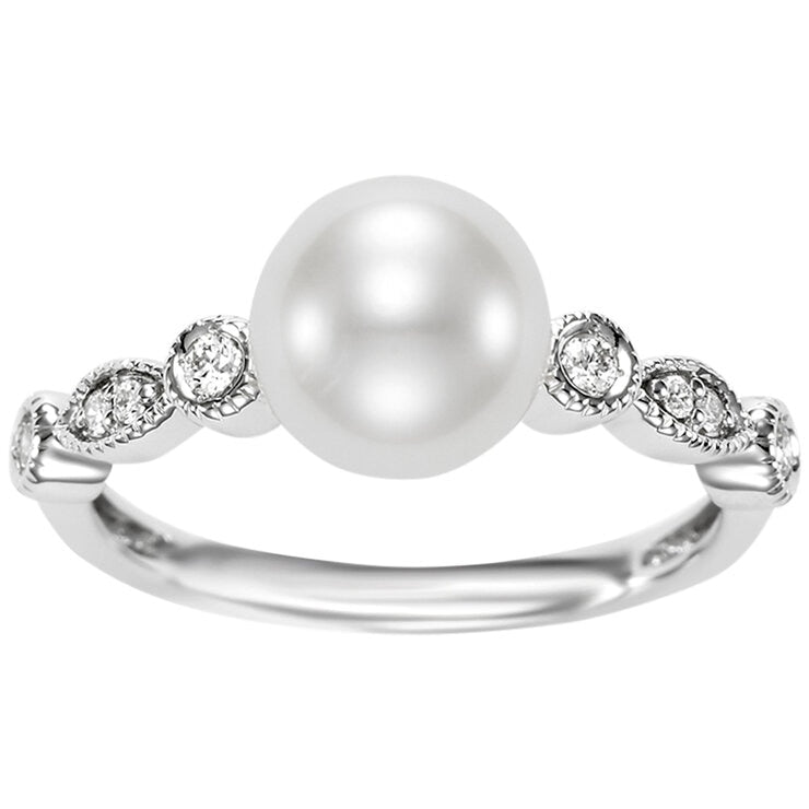 18KT White Gold 0.11ctw Diamond 8-8.5mm Cultured Freshwater Pearl Ring