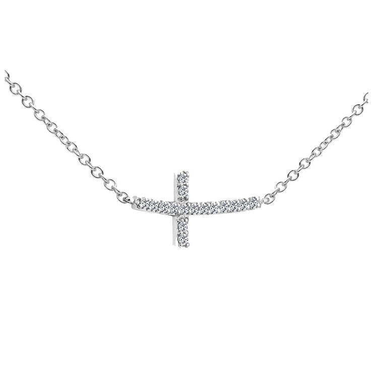 18KT White Gold 16 Round Diamond Horizontal Cross Necklace 0.13ctw
