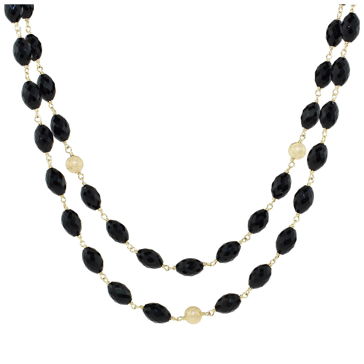 14KT Yellow Gold Faceted Black Onyx 2 Row Layered Necklace With 3 Gold Beads