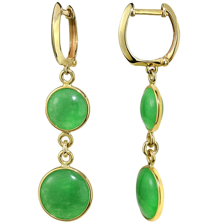 14KT Yellow Gold Dyed Green Jade Round Bezel Hook Earrings