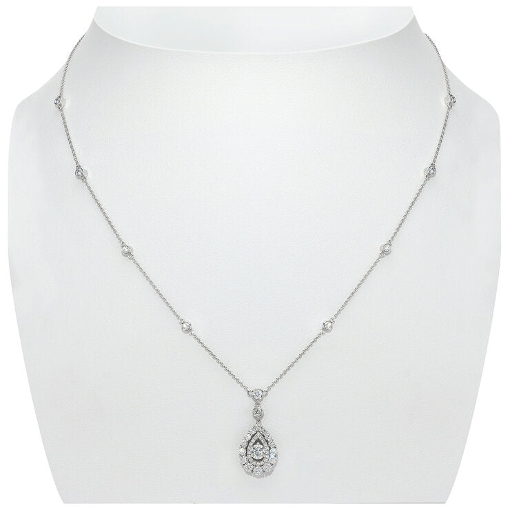 18KT White Gold 1.30ctw Round Diamond Drop Necklace
