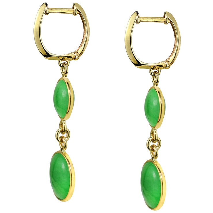 14KT Yellow Gold Dyed Green Jade Round Bezel Hook Earrings