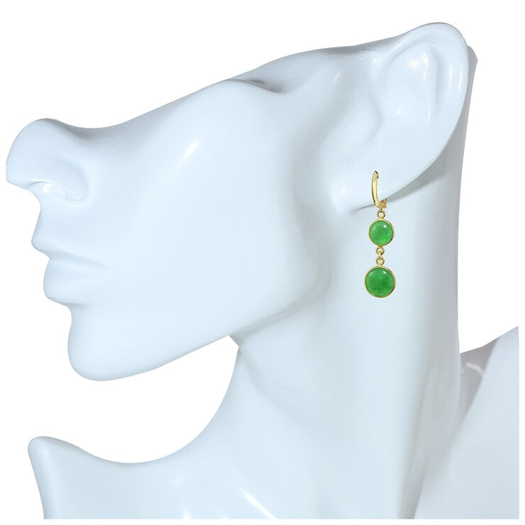 14KT Yellow Gold Dyed Green Jade Round Bezel Hook Earrings