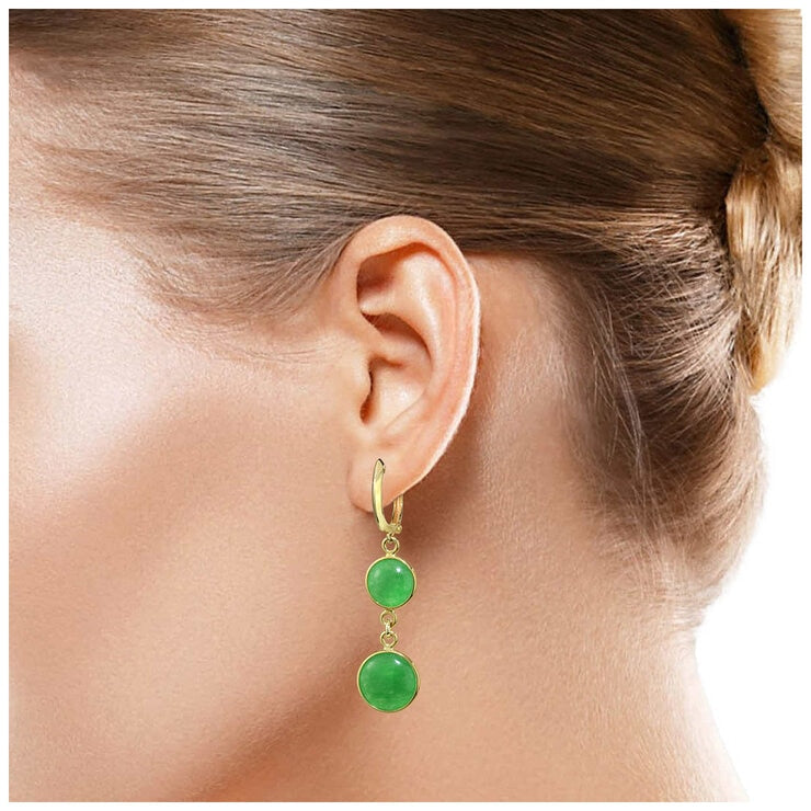 14KT Yellow Gold Dyed Green Jade Round Bezel Hook Earrings