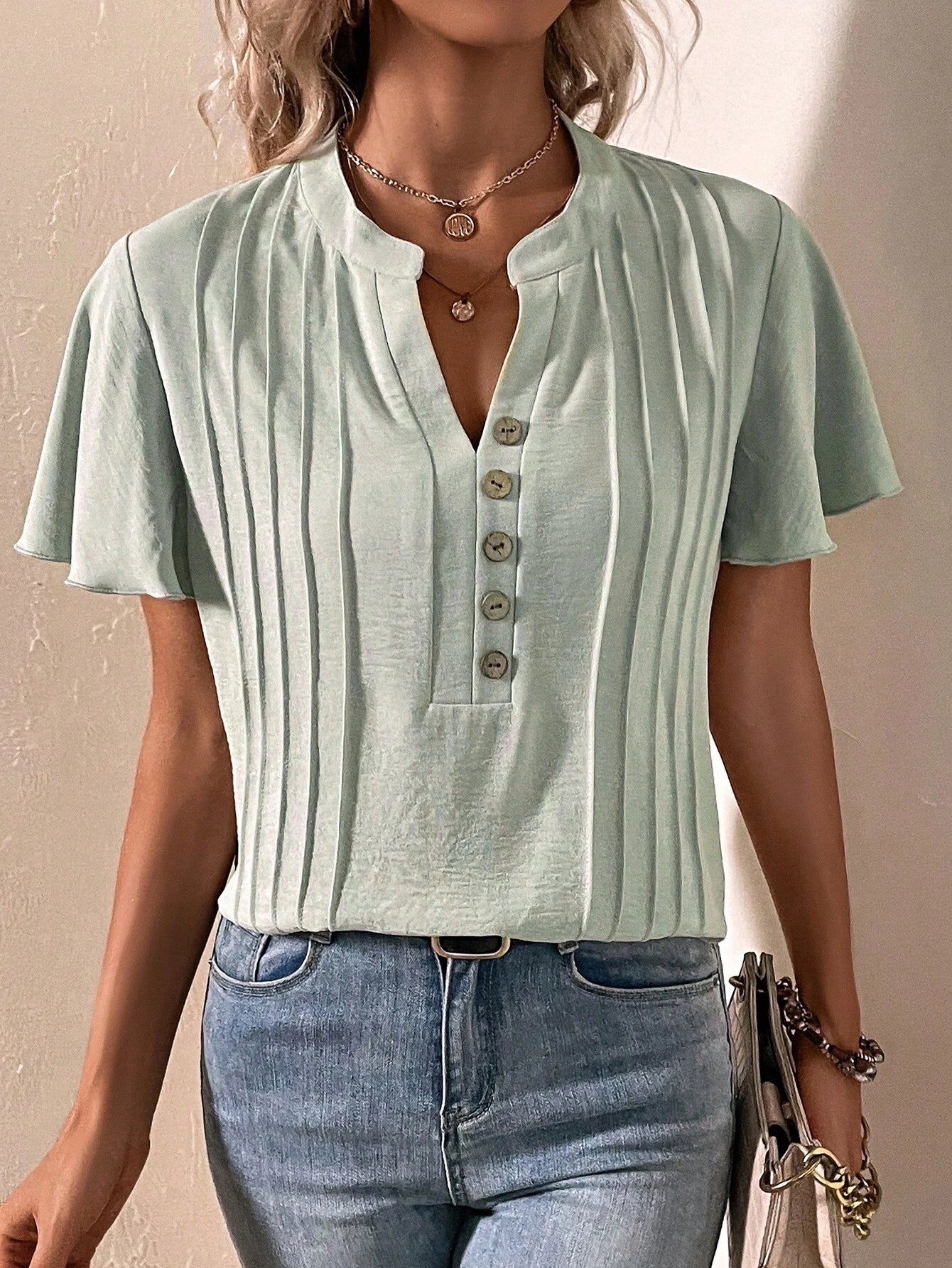 Press Crease Detail Butterfly Sleeve Notched Neckline Blouse