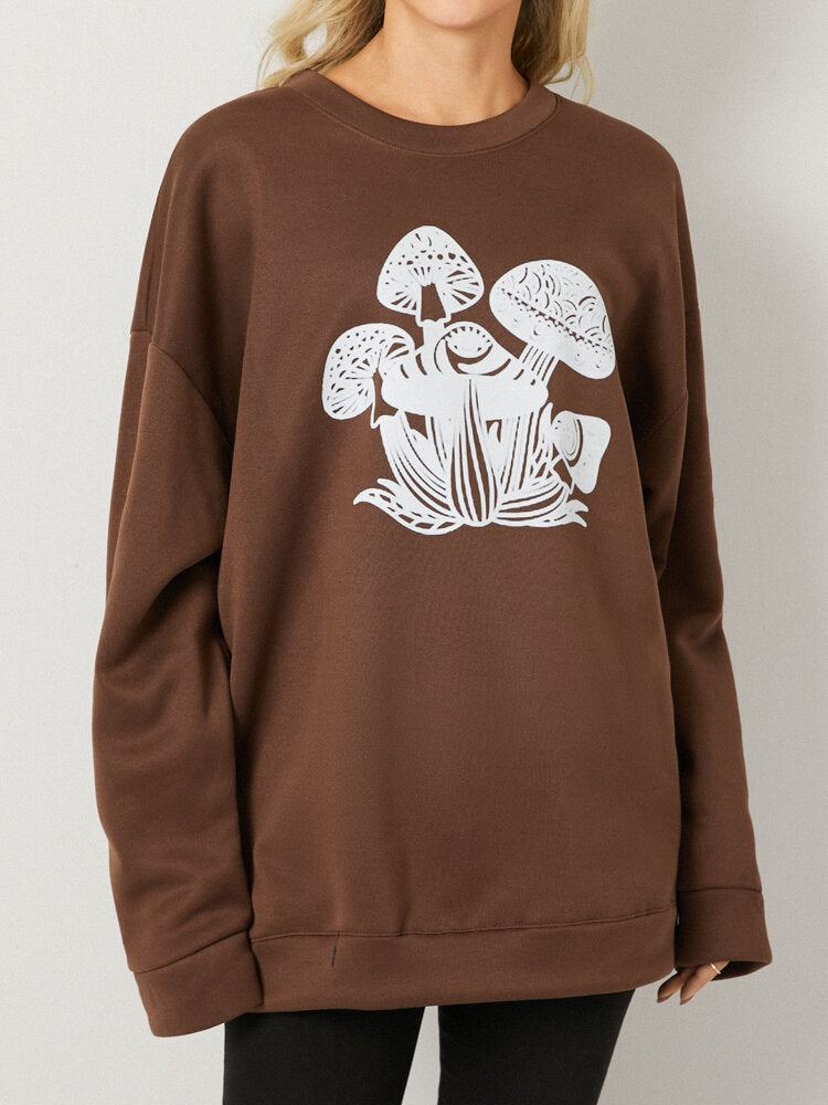 Mushroom Print Long Sleeve O-neck Loose Women Sweatshirt