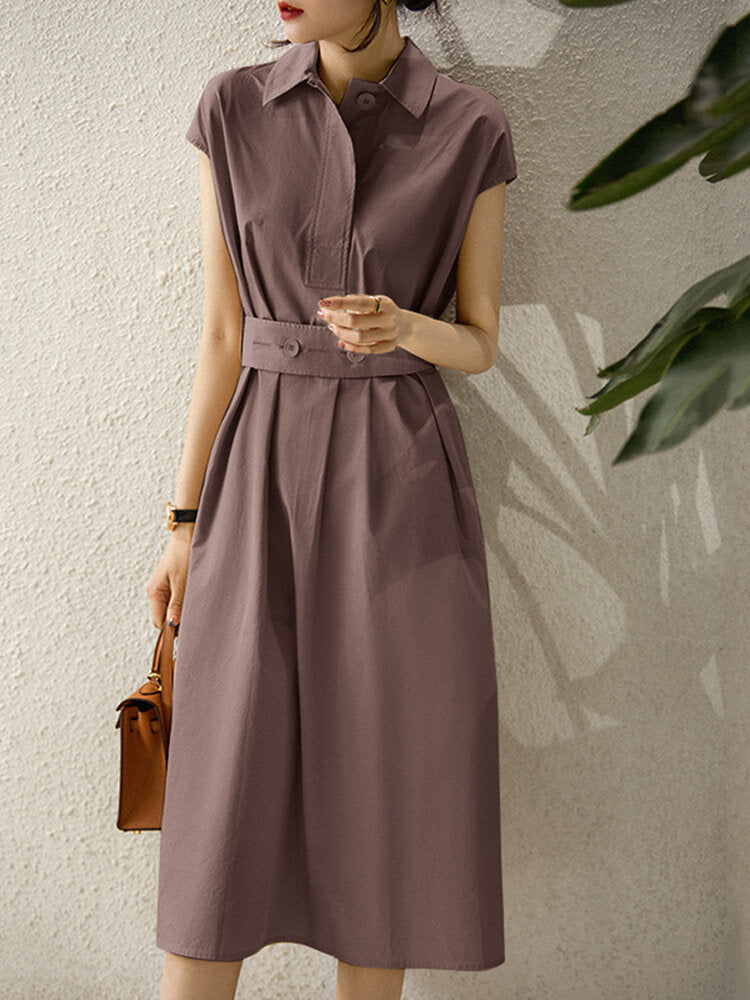 Solid Lapel Short Sleeve Casual Dress With Belt