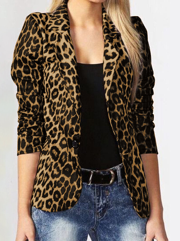 Leopard Print Long Sleeves Button Lapel Jacket Suit with Shoulder Pad