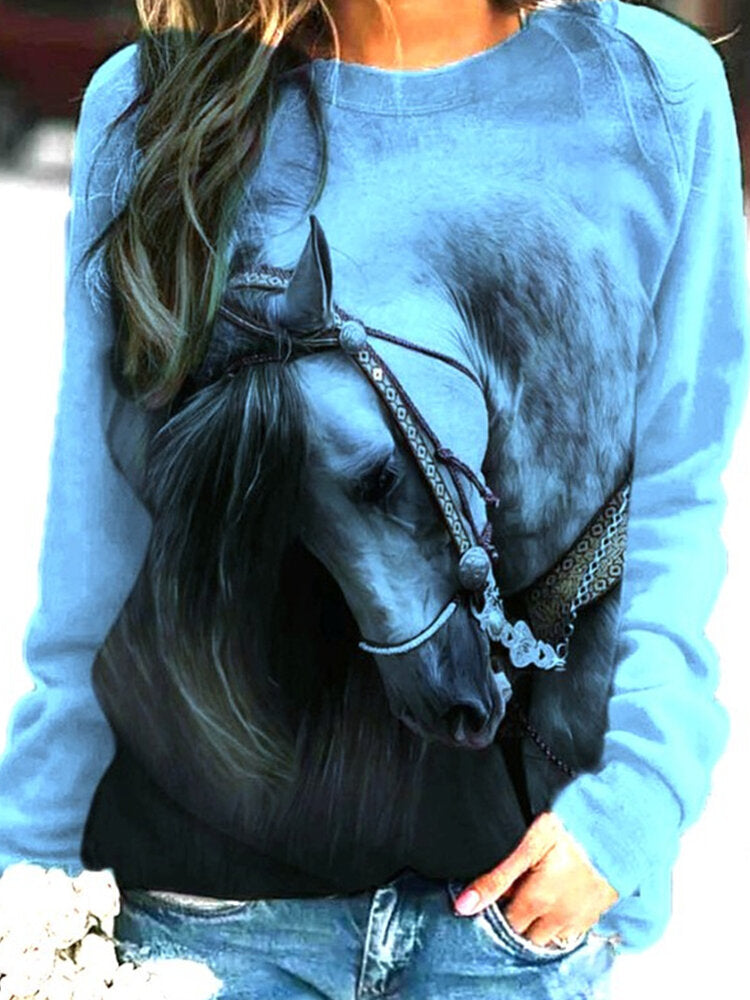 Horse Print Long Sleeve O-neck Casual Sweatshirt For Women