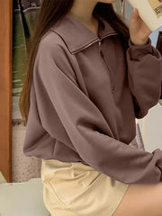 Solid Zip Front Half Placket Lapel Long Sleeve Sweatshirt