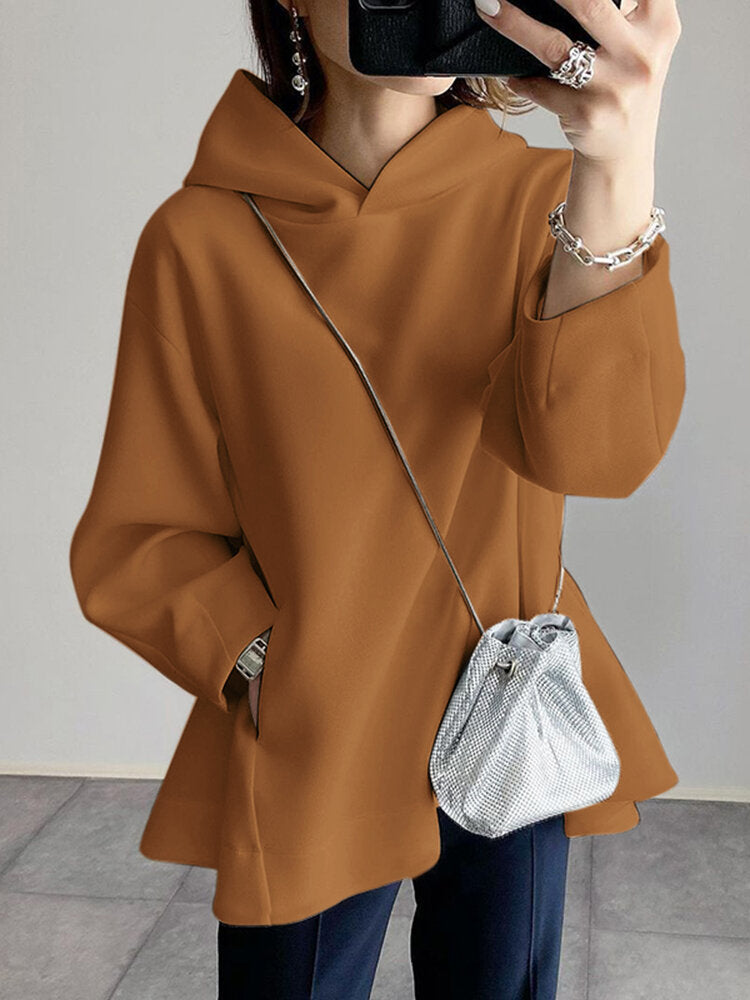 Solid Pocket Long Sleeve Casual Hoodie For Women