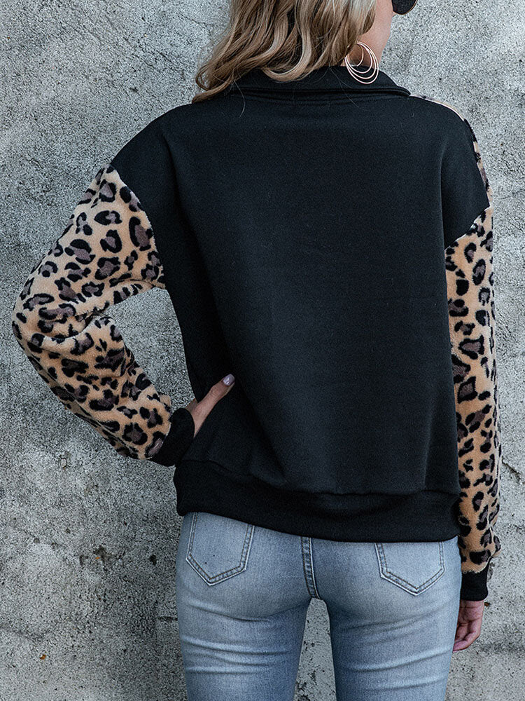 Leopard Zip Front Lapel Collar Long Sleeve Teddy Sweatshirt