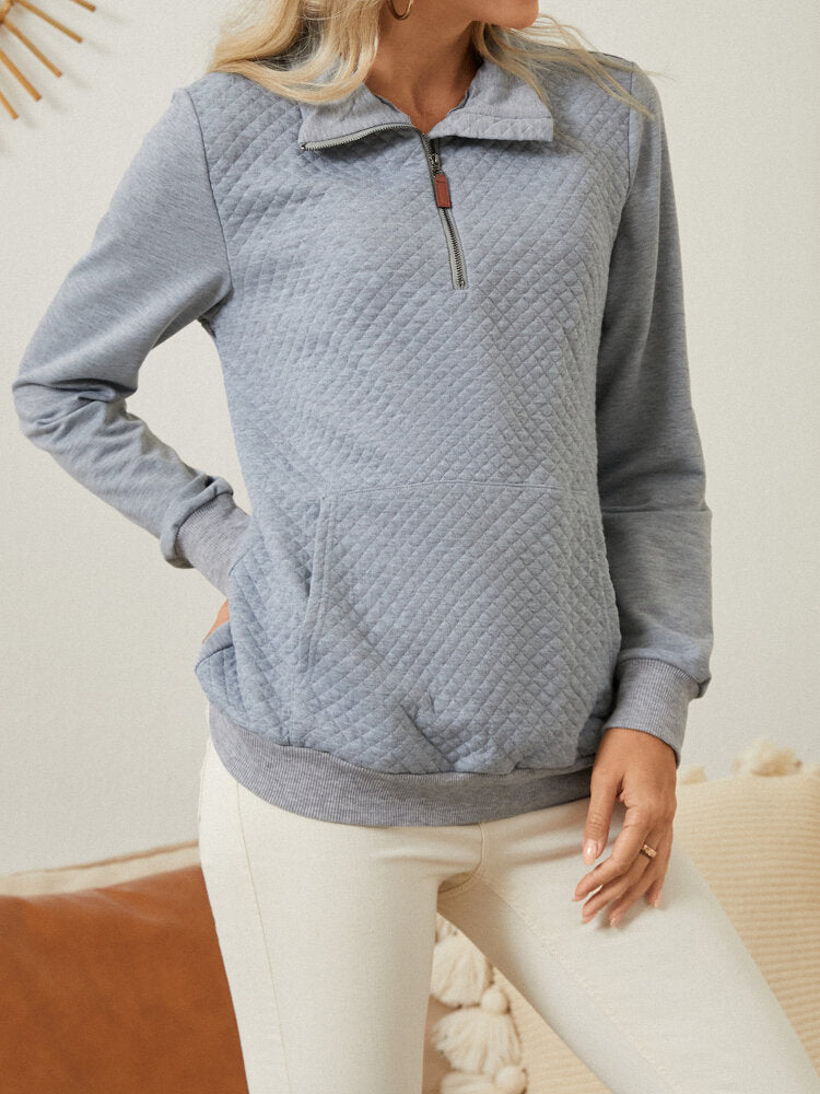 Solid Zip Front Pocket Long Sleeve Lapel Women Sweatshirt