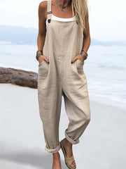 Women Solid Color Double Pocket Casual Overall Jumpsuit