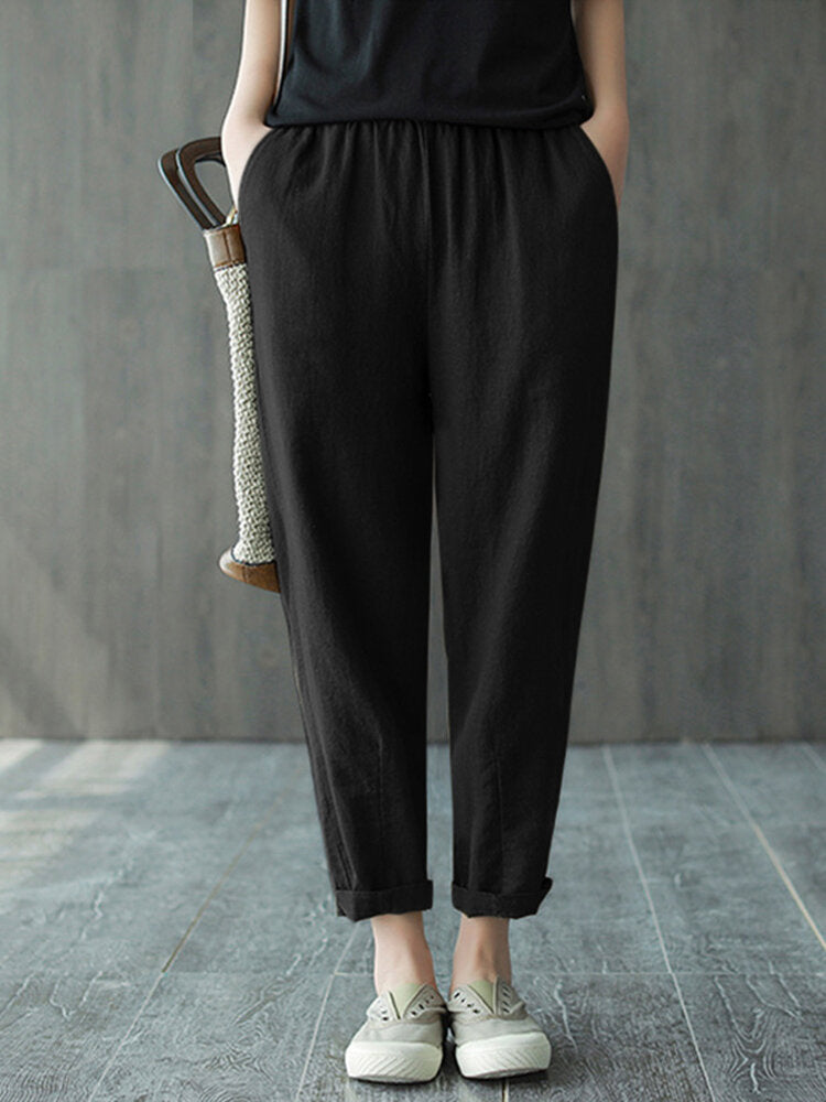 Solid Pocket Casual Cropped Tapered Pants For Women