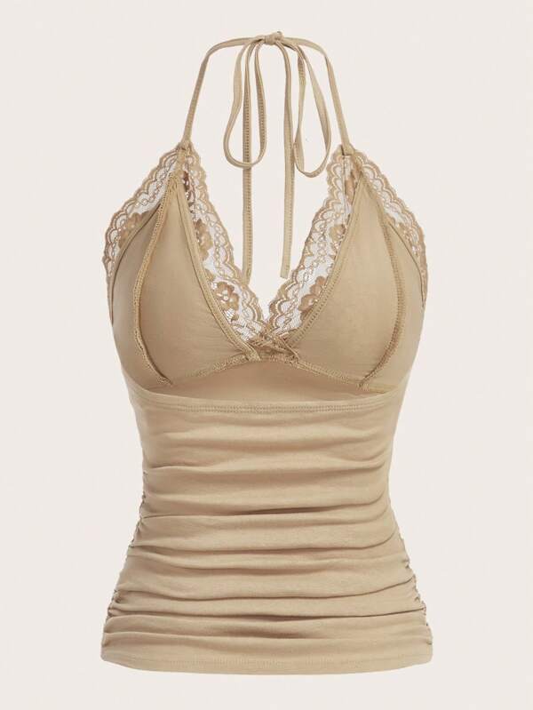ROMWE PUNK Contrast Lace Ruched Halter Top