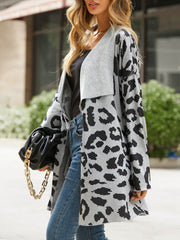 Women Leopard Print Lapel Collar Long Sleeve Casual Cardigan