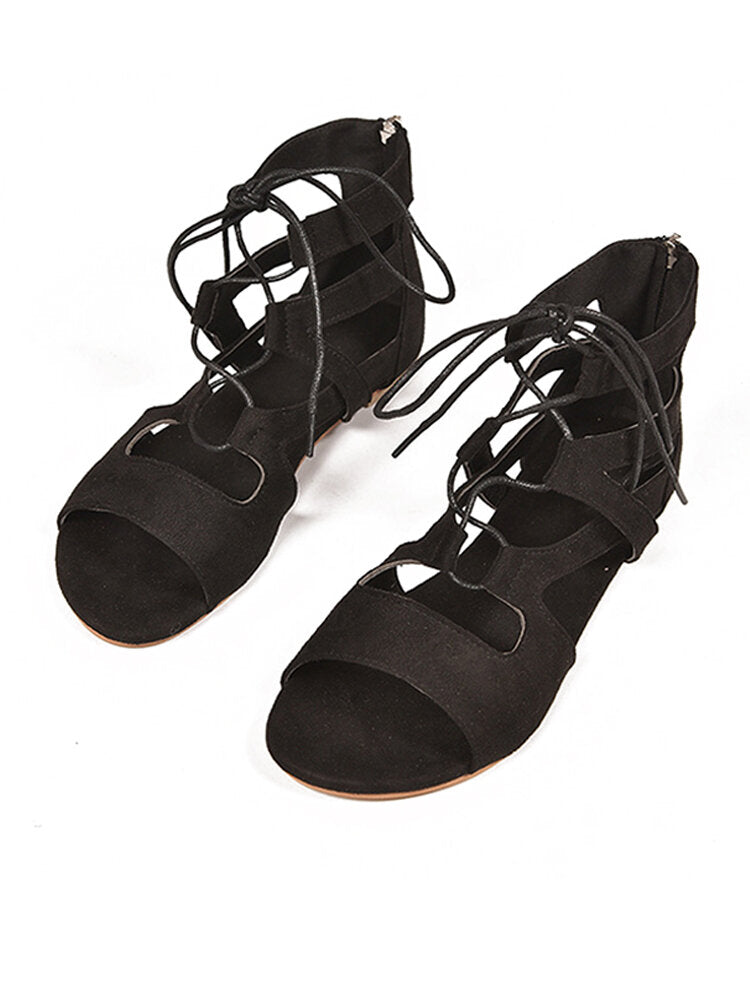 Women Large Size Solid Color Lace Up Flat Gladiator Sandals