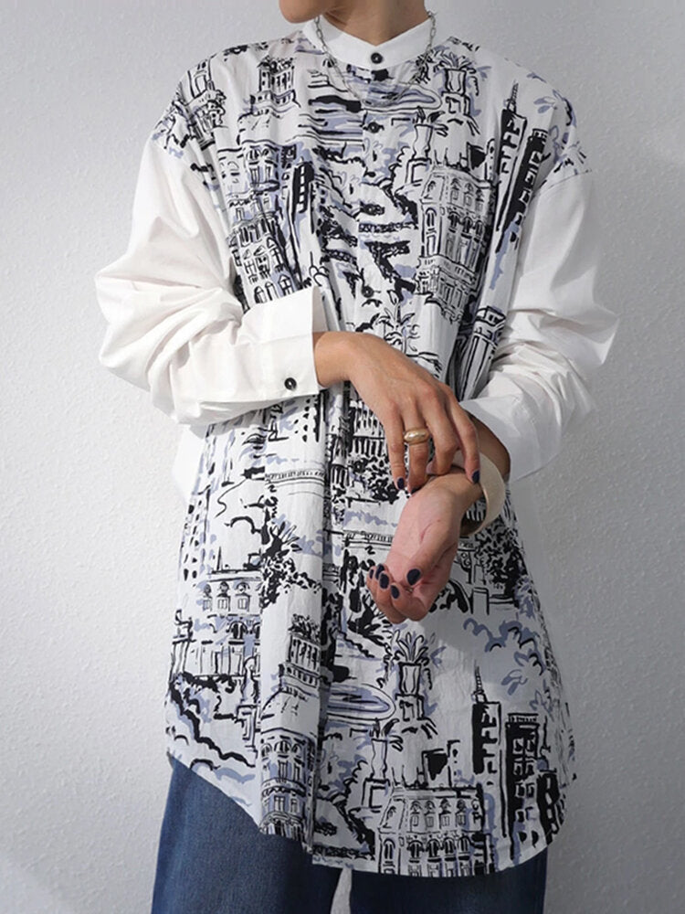 Abstract Pattern Long Sleeve Stand Collar Button Loose Blouse