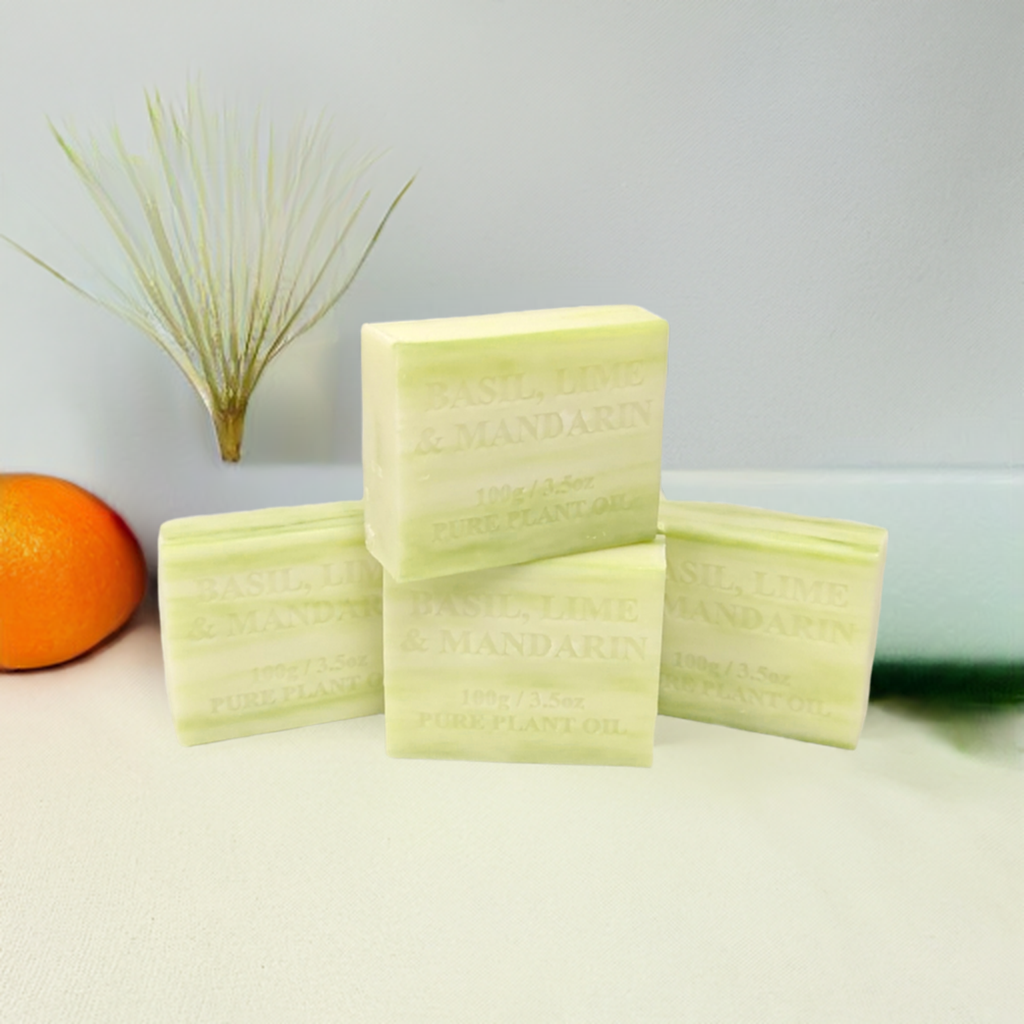 4x 100g Plant Oil Soap Basil Lime Mandarin Scent Pure Natural Vegetable Base Bar