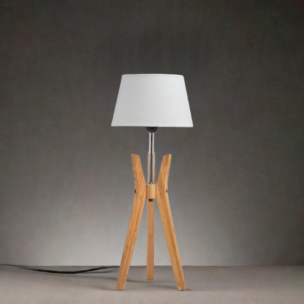 Bamboo Tripod Table Lamp Desk Modern Rustic Geo Light w Linen Shade