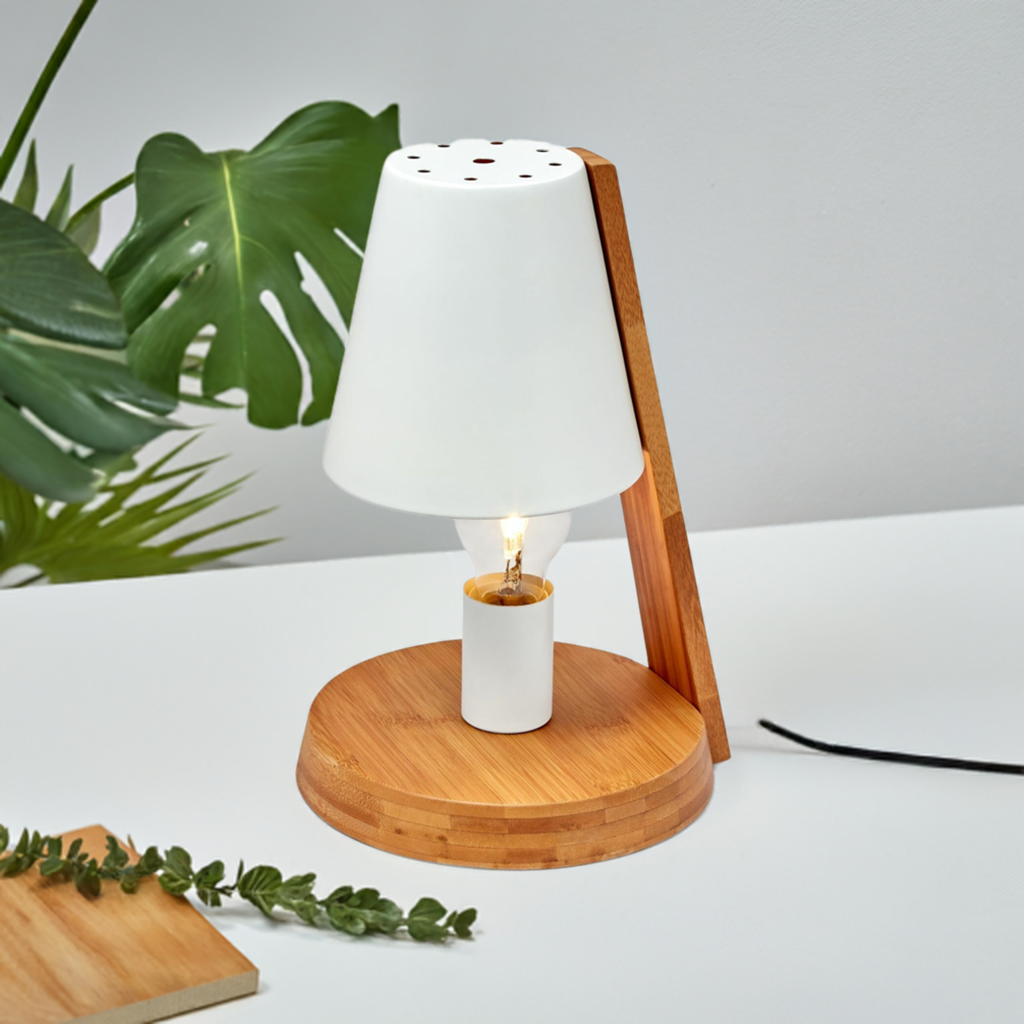 32cm Wooden Base Modern Desk Table Lamp Light Metal Shade Designer - White