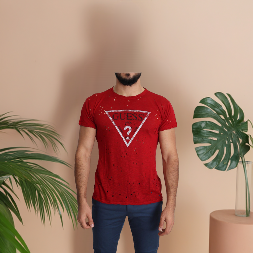 100% Authentic Red Cotton Stretch T-Shirt with Round Neck and Short Sleeves Men