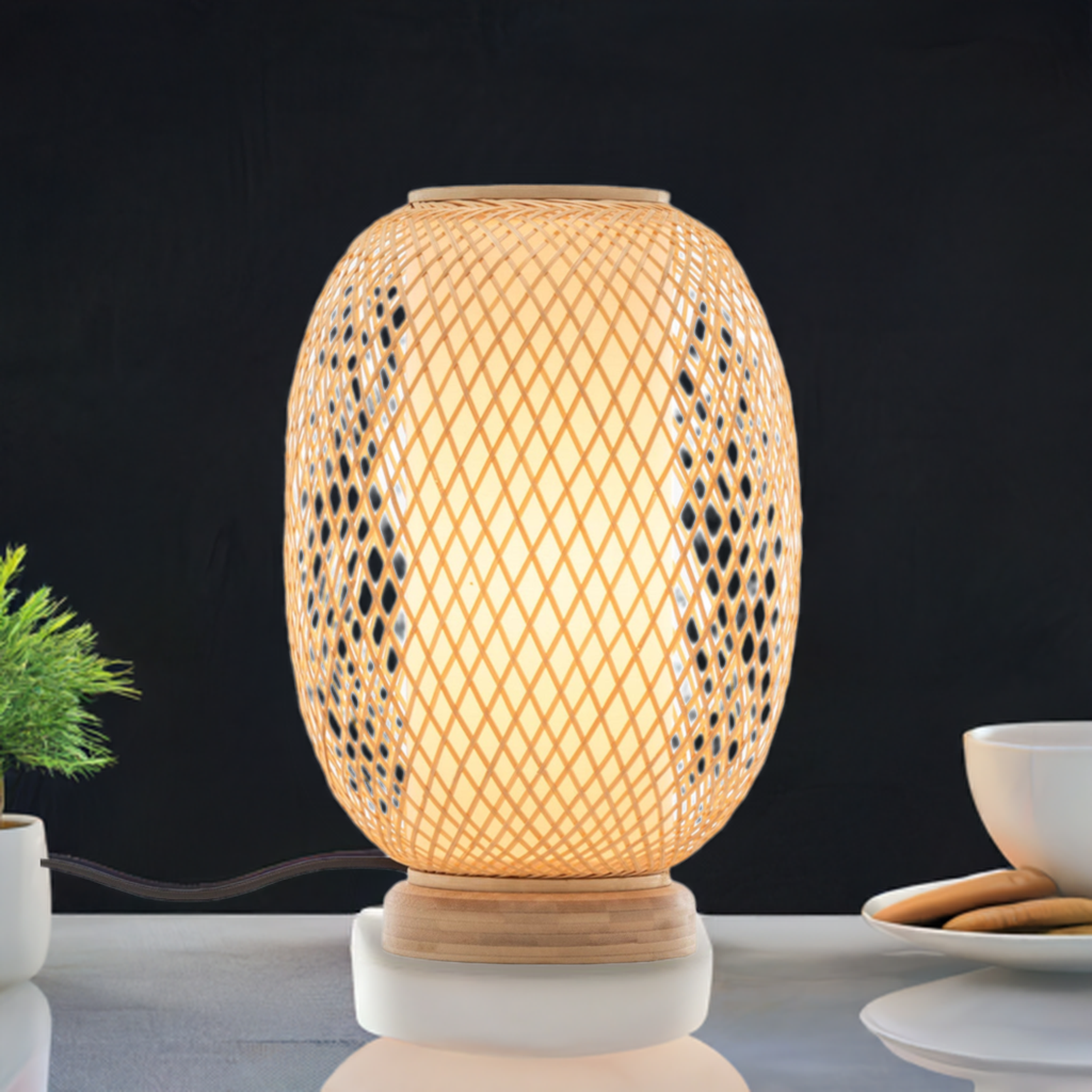 Natural Woven Bamboo Oval Table Lamp Light Shade Boho Tropical Coastal