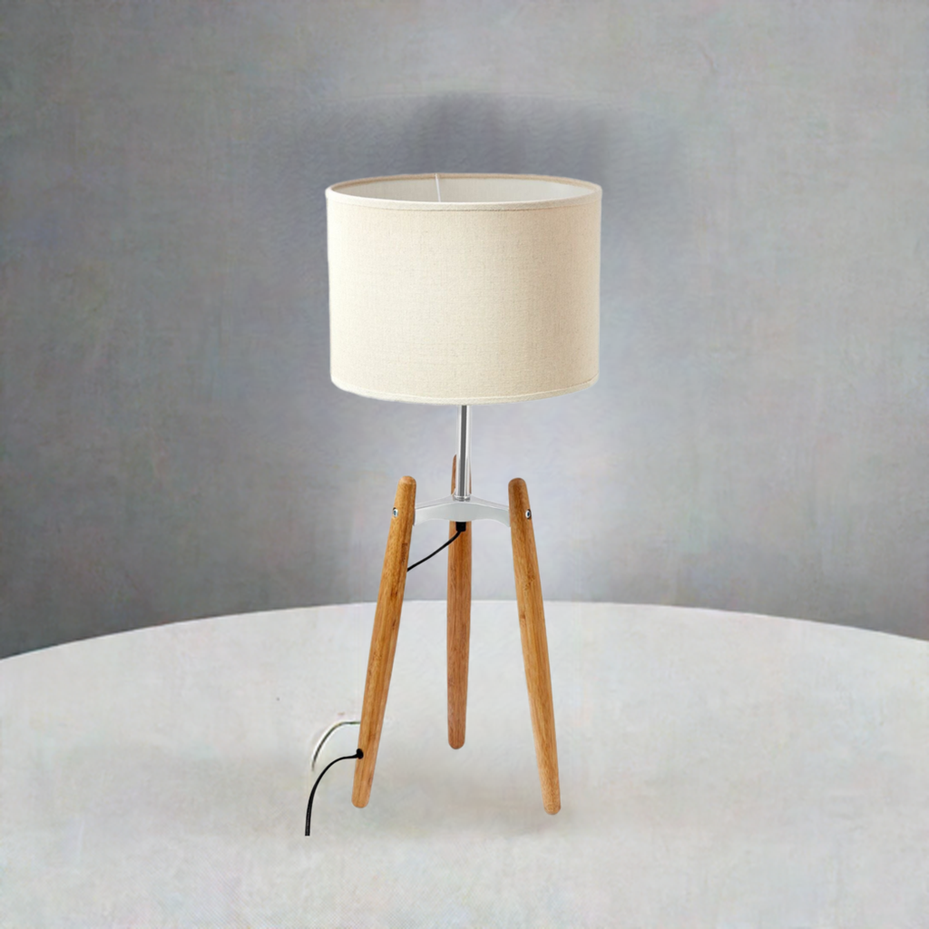 73cm Bamboo Tripod Table Lamp Light Modern Vintage w Beige Linen Shade