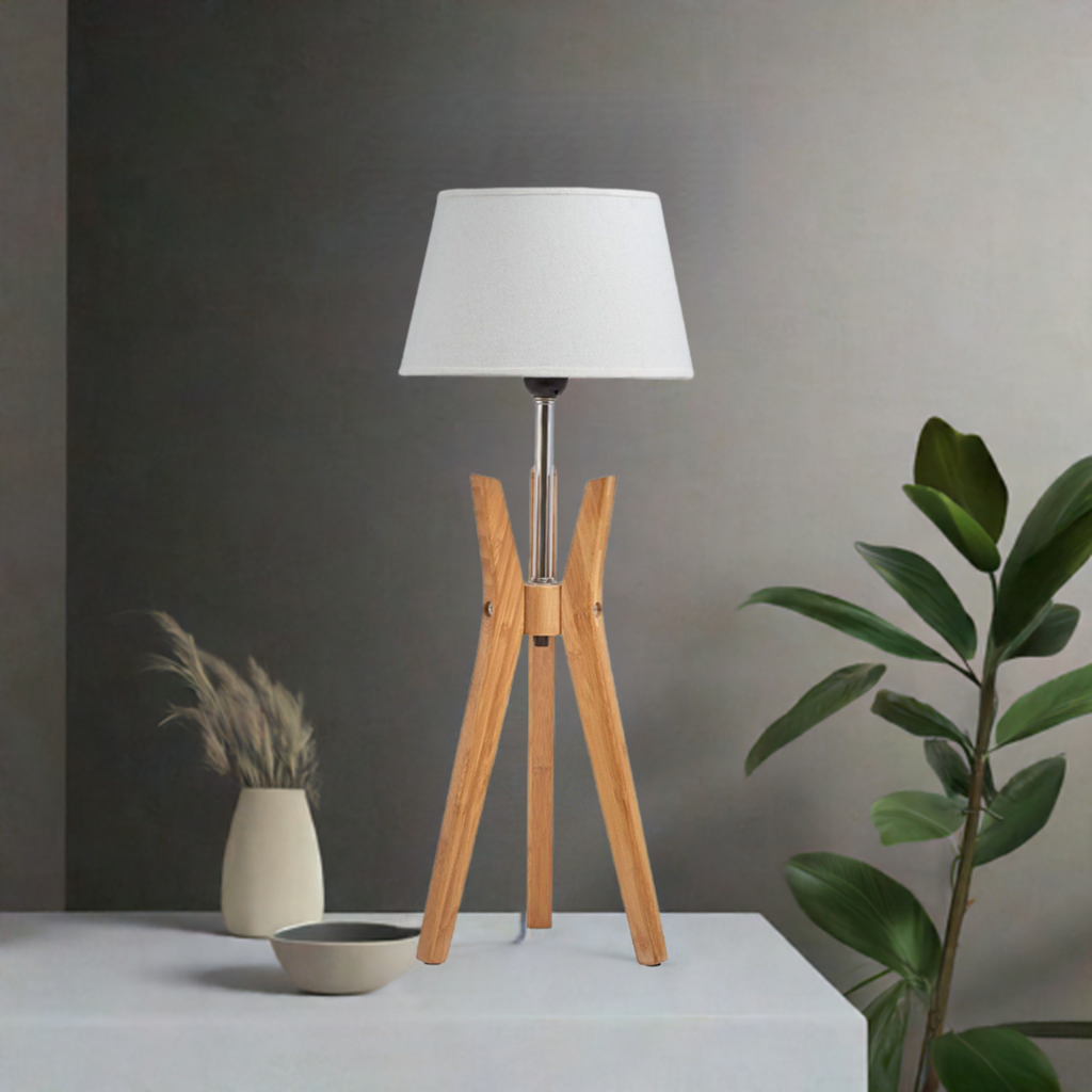 Bamboo Tripod Table Lamp Desk Modern Rustic Geo Light w Linen Shade