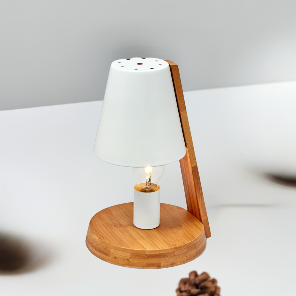 32cm Wooden Base Modern Desk Table Lamp Light Metal Shade Designer - White