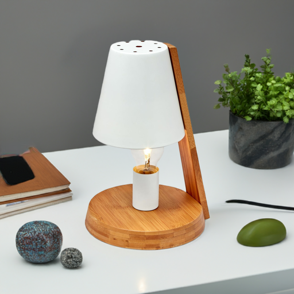 32cm Wooden Base Modern Desk Table Lamp Light Metal Shade Designer - White