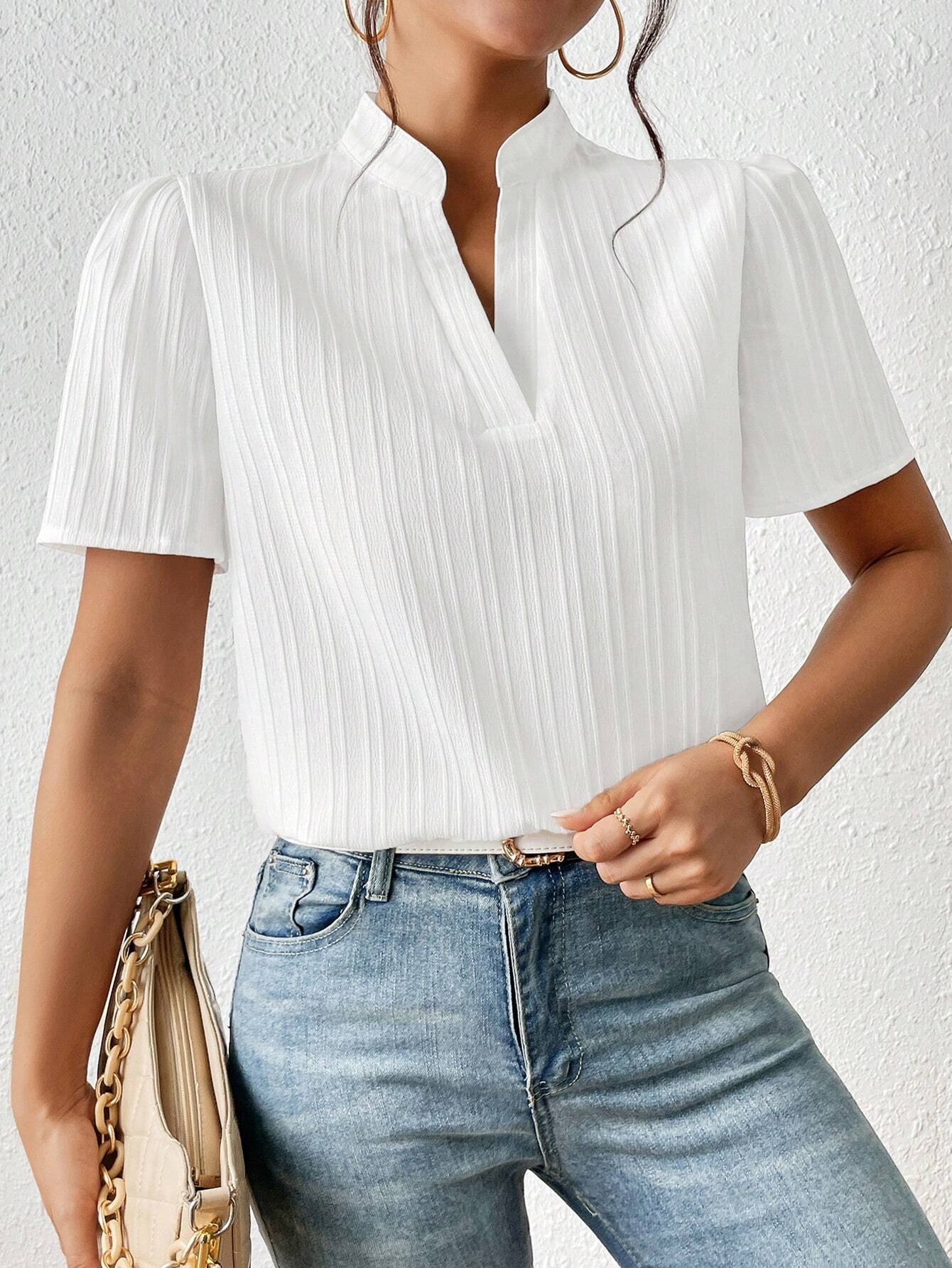 Frenchy Solid Notched Neckline Puff Sleeve Blouse