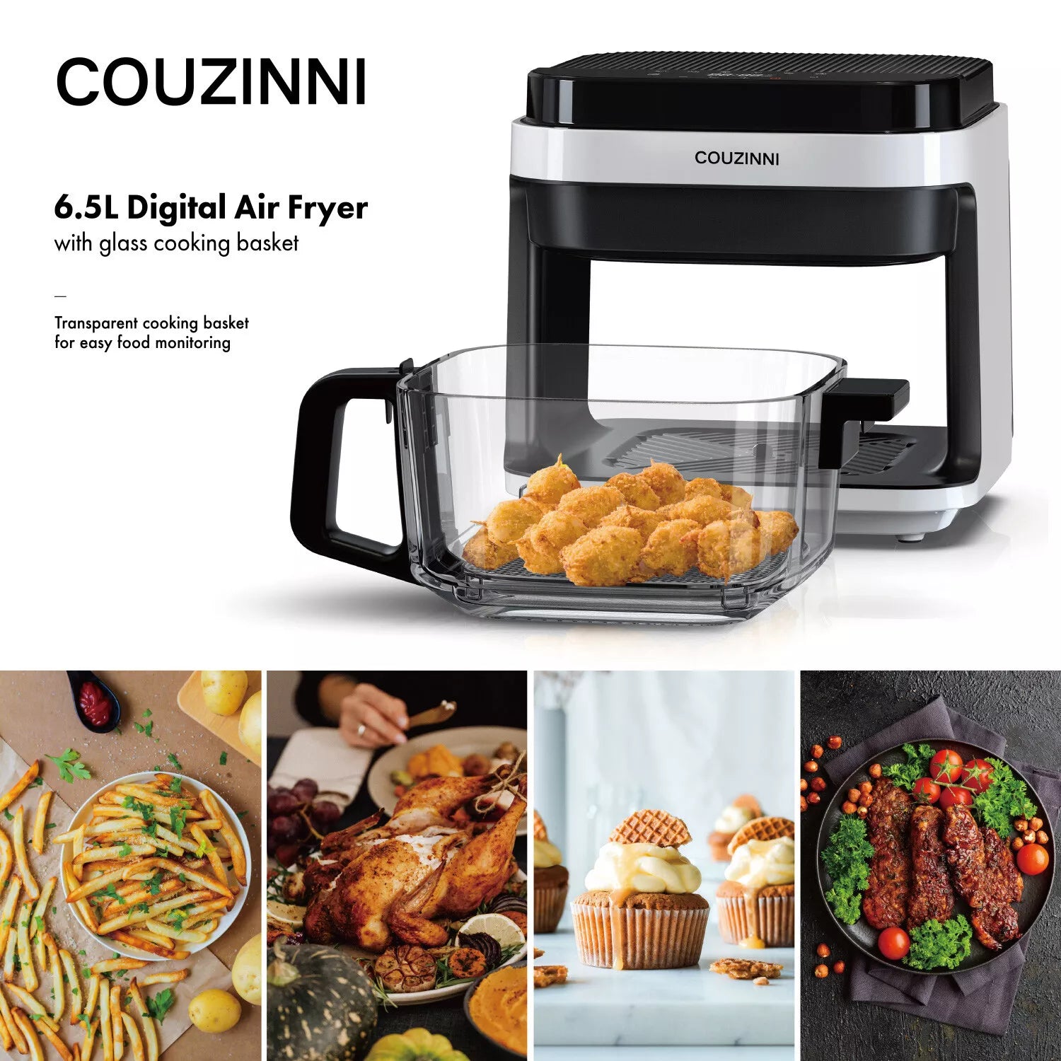 Couzinni 6.5L Glass Digital Air Fryer Healthy Cooker Kitchen Detachable Oven Pot