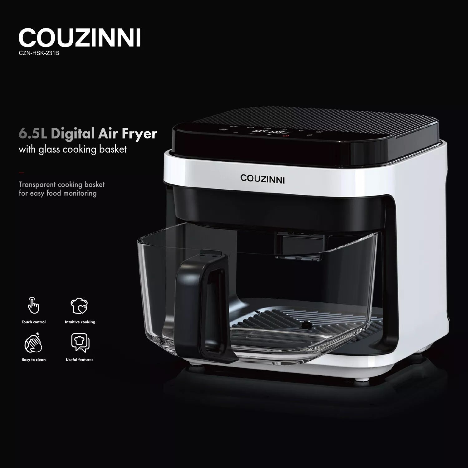 Couzinni 6.5L Glass Digital Air Fryer Healthy Cooker Kitchen Detachable Oven Pot